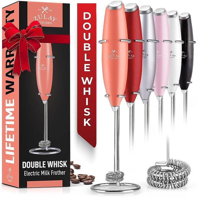 Zulay Double Whisk Milk Frother Handheld Mixer - High Powered Frother For Coffee With Improved Motor - Electric Whisk Drink Mixer For Cappuccino, Frappe, Matcha & More, Twin Whisk (Peaches N Cream)