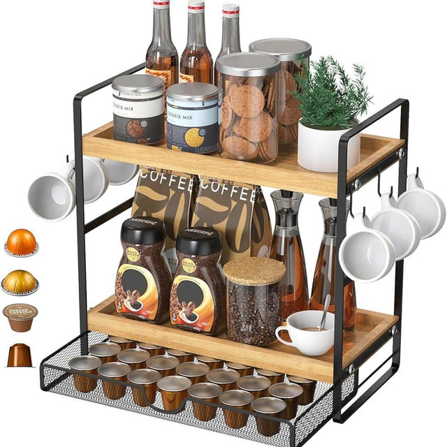 LEMIKKLE 2-Tier Wood Coffee Station Organizer with Pod Holder and Drawer, Kitchen Countertop Organizer, Coffee Bar Accessories Station with Coffee Pod Storage, Coffee Organizer