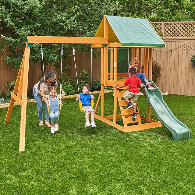 KidKraft Appleton Wooden Swing Set / Playset with Swings, Slide, Rock Wall, Chalkwall, Clubhouse and Sandbox, Gift for Ages 3-10