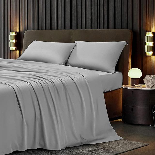 LIANLAM 100% Bamboo Sheets - Queen Size Sheets Set 4 Piece ，Cooling Bed Sheets Super Soft Breathable Luxury Sheets 16Inch Deep Pocket - Wrinkle and Hypoallergenic (Grey, Queen)