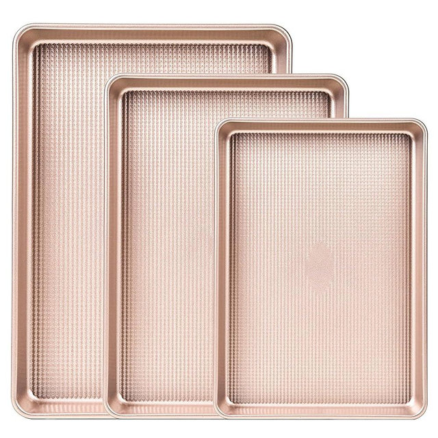 Baking Sheet Pan Set of 3, Champagne Gold Nonstick Cookie Sheets for Baking, Heavy-Duty Carbon Steel Baking Pans with Even Heat Distribution, Durable Baking Tray Set for Cookies & Roasting