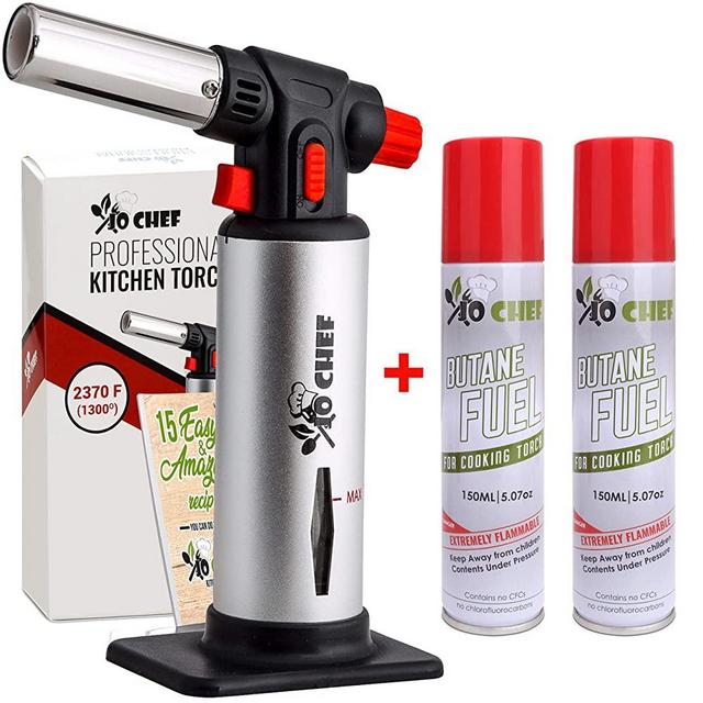 Kitchen Torch, blow torch - Refillable Butane Torch With Safety Lock & Adjustable Flame + Fuel gauge - Culinary Torch, Creme Brûlée Torch for Cooking Food, Baking, BBQ + FREE E-book, 2 Cans Included