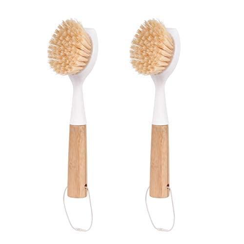 U/D Dish Brush with Bamboo Handle,Scrub Brush for Cleaning Dish Pots Pans,Dish Scrubber for Kitchen Sink,2 Pack