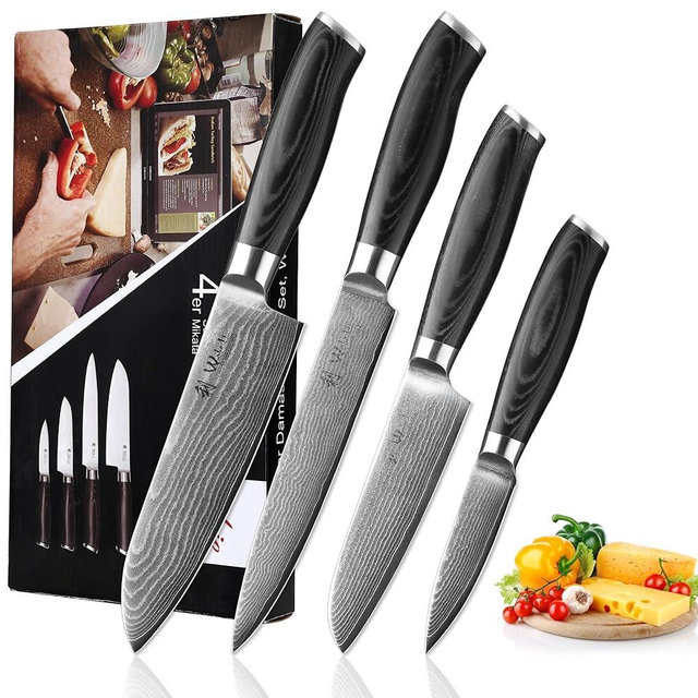 Wakoli 4 Piece Professional Damascus Kitchen Knife Set, Made of 67 Layers of Genuine Damascus Steel with VG10 Core, Chef's Knives Set with Ergonomic Micarta Handles for Precision and Comfort (MIK)