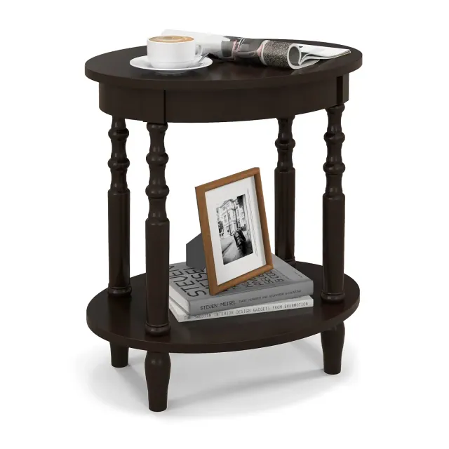 Costway 2-Tier End Table Oval Compact Sofa Side Nightstand w/ Storage Shelf Espresso