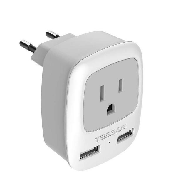 European Travel Plug Adapter, TESSAN Power Plug with 2 USB Ports, 3 in 1 AC Outlet for USA to Most of Europe Spain Iceland (Type C)