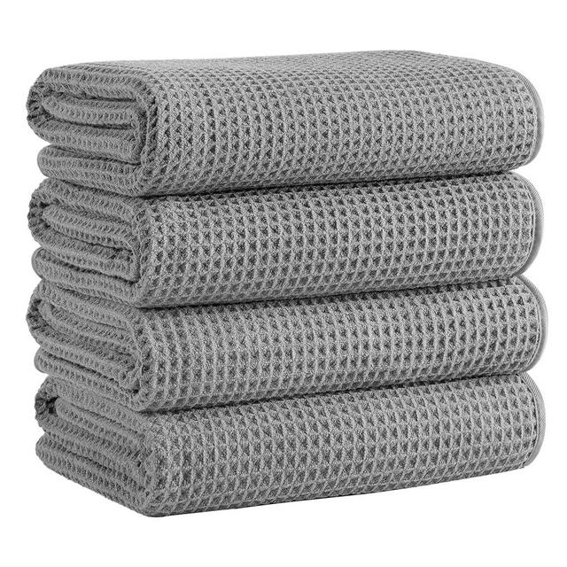 MICROFI Microfiber Waffle Bath Towels, 4 Pieces, Soft, Absorbent, Fast Drying, Lint Free (Gray)