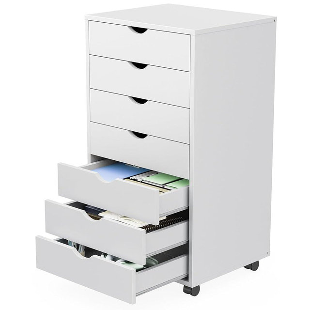 Sweetcrispy 7 Drawer Rolling Storage Cabinet, Wood Under Desk Mobile Dresser with Wheels, Small Organizer Chest for Home Office, Bedroom, Rolling Vertical Organizer for Home Office, White