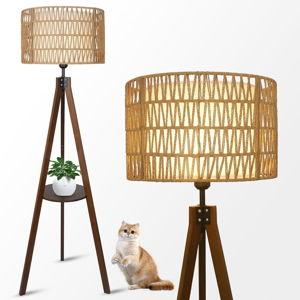 LAMSU Boho Tripod Floor Lamp with Shelves, Mid Century Wood Standing Lamp with Rattan & Fabric Shades, ON/Off Foot Switch, Modern Farmhouse Tall Floor Lamps for Living Room Bedroom Office
