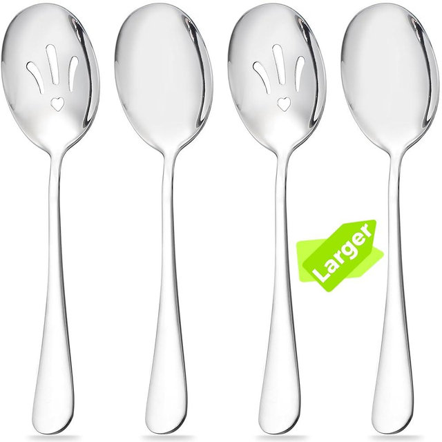 MUJINON 9.8-in Large Serving Spoons Set, 18/0 Stainless Steel Serving & Slotted Spoons, Heart Buffet Serving Utensil Soup Ladle, Dishwasher Safe, Party Festival Daily Home Commercial, Pack of 4