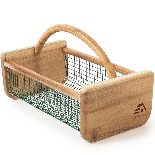 HOMESTEAD Garden Hod Harvest Basket, Durable Acacia Wood Frame with Rotating Handle, Farmhouse Basket for Home Improvement, Gardening, Farm, Kitchen, Indoor Outdoor Use