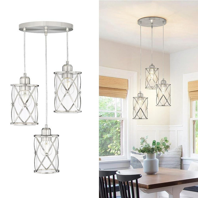 Osimir Brushed Nickel Dining Room Chandelier Light Fixture, 3-Light Pendant Lighting with Clear Glass, Modern Kitchen Island Cluster Hanging Pendant Lights for Sink, CH9176BN3