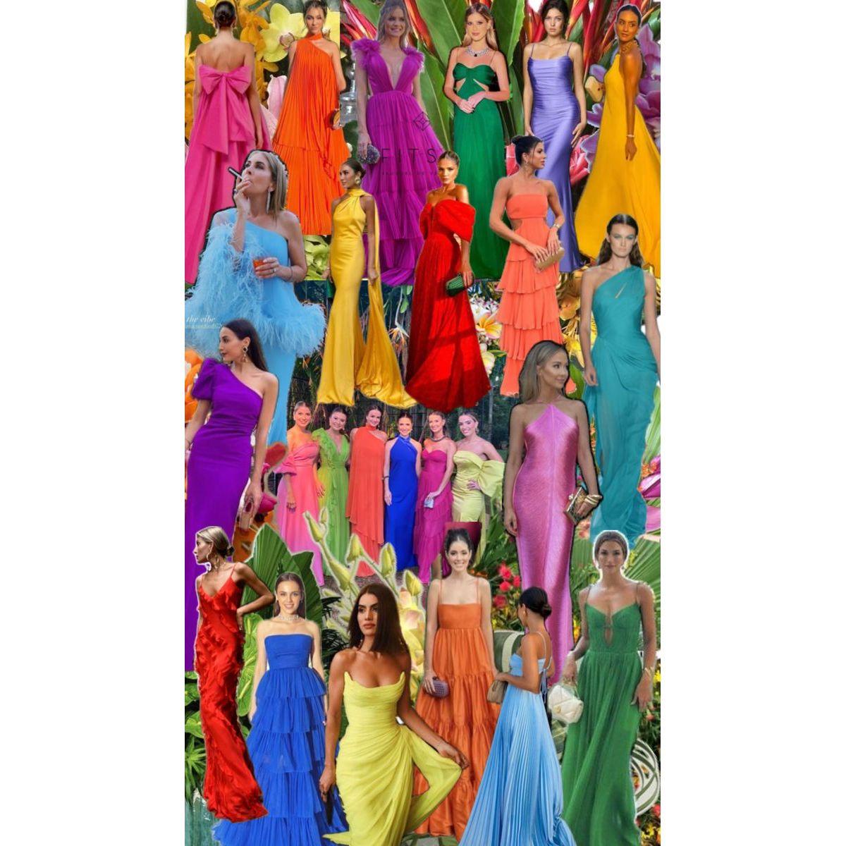 Think bright and vibrant long dresses, just like the ones shown in the photo above!