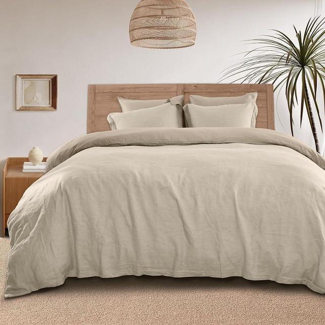 NEXHOME PRO Queen Size 5 PCS 100% Linen Tencel Cooling Duvet Cover Set, Eucalyptus Soft Breathable Comforter Cover Set Reversible Neutral Duvet Covers Button Closure,90"x90" Linen(NO Insert)