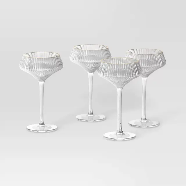 6.4oz 4pk Coupe Ribbed Wine Glass Set Gold - Threshold™