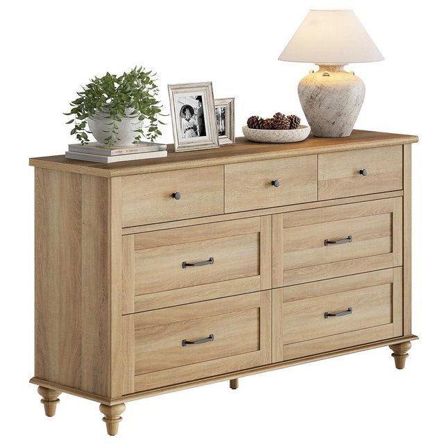 WAMPAT Dresser TV Stand for 65 Inch TV, Farmhouse TV Console Table Entertainment Stand with 7 Drawers, Wooden Media Storage Dresser for Living Room Bedroom, Oak, 54 Inch