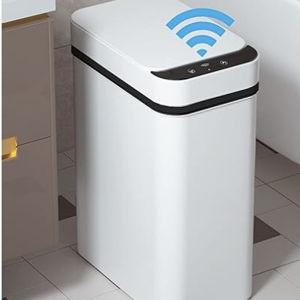 Yatmung 2.5 Gallon Smart Trash Can Sensor Motion - Touchless Bathroom Trash Can - Skinny Trash Bin with Lid - Electric, Narrow, Plastic, Auto Open - Small Slim Automatic Garbage Can (White)