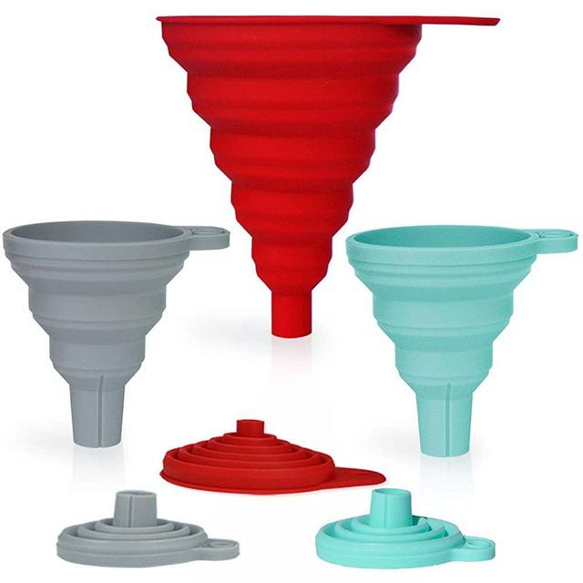 Stolphi Silicone Collapsible Funnel Set of 3 for Filling Bottles, Liquids or Dry Goods, Kitchen Gadgets, Food Grade, Premium Quality, Durable, Aqua, Gray and Red