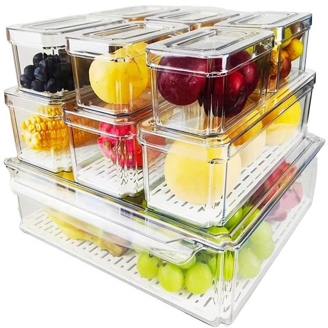 10-pack Clear Stackable Refrigerator Organizer Bins with 4 liners, Plastic Pantry Organization and Storage Bins with lids Vegetable Fruit Storage Containers for Fridge