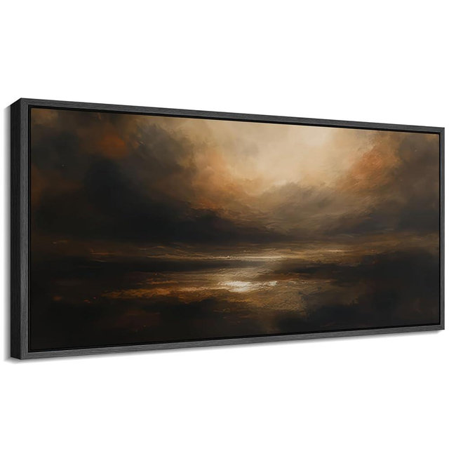 SIGNFORD Extra Large Framed Canvas Dramatic Golden Sunset Over Ocean Illustrations Modern Art Calm Warm for Living Room, Bedroom, Office - 60"x30"