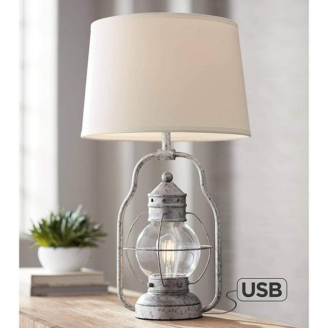 Bodie Rustic Industrial Table Lamp with USB Charging Port Nightlight Antique LED Edison Distressed Silver Off White Linen Shade for Living Room Bedroom Bedside Nightstand Office - Franklin Iron Works