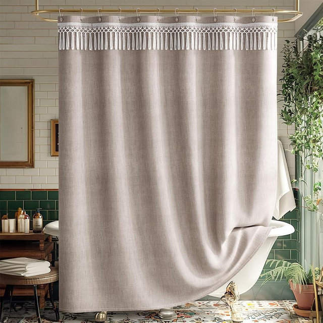 AmazerBath Tan Shower Curtain Boho, Taupe Boho Farmhouse Shower Curtain with Tassels, Faux Linen Shower Curtain Fabric, Neutral Shower Curtain with Hooks, Water Repellent, 72x72 Inches