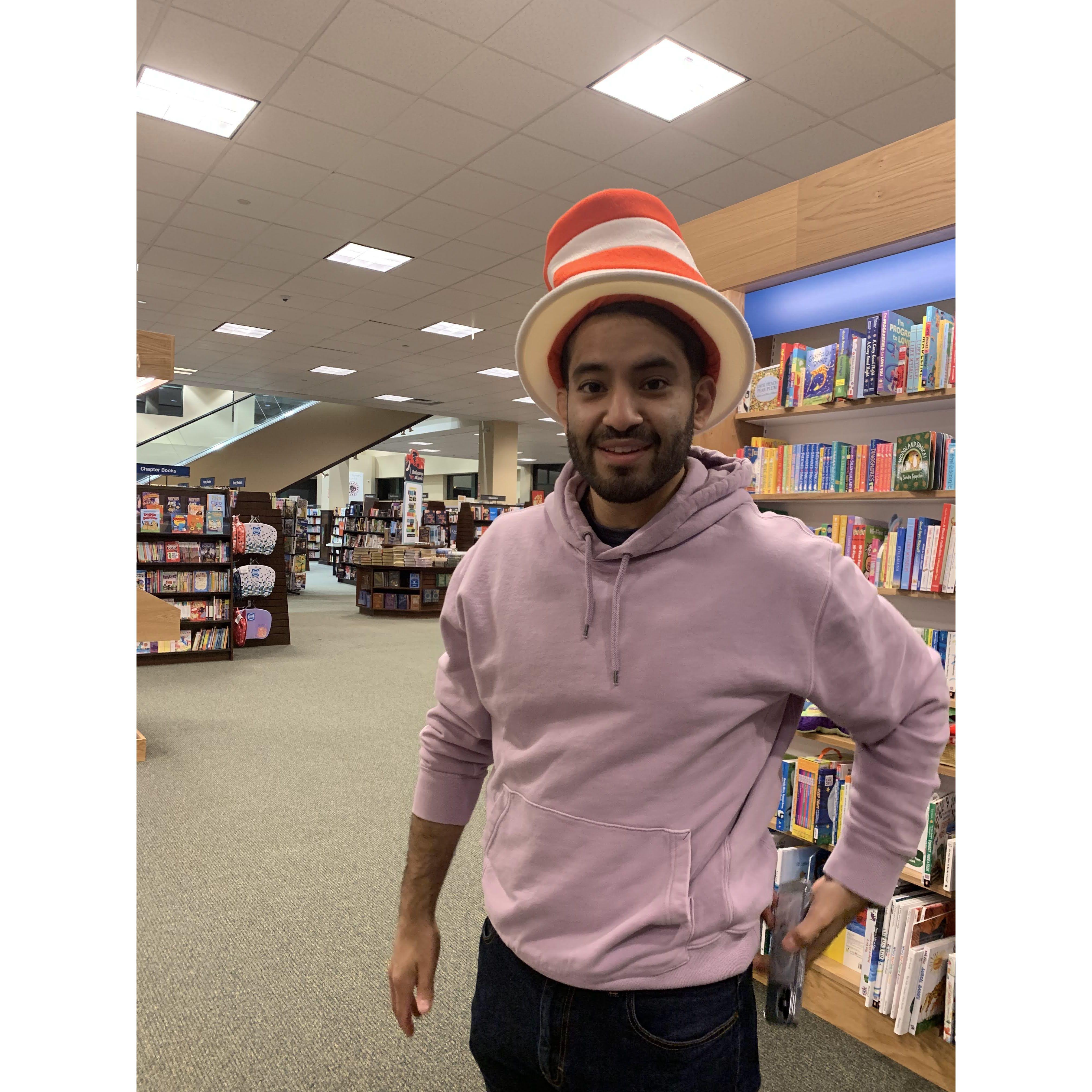 Barnes and Nobles and one of the many strange hats Matt tries on for Nicole's amusement.