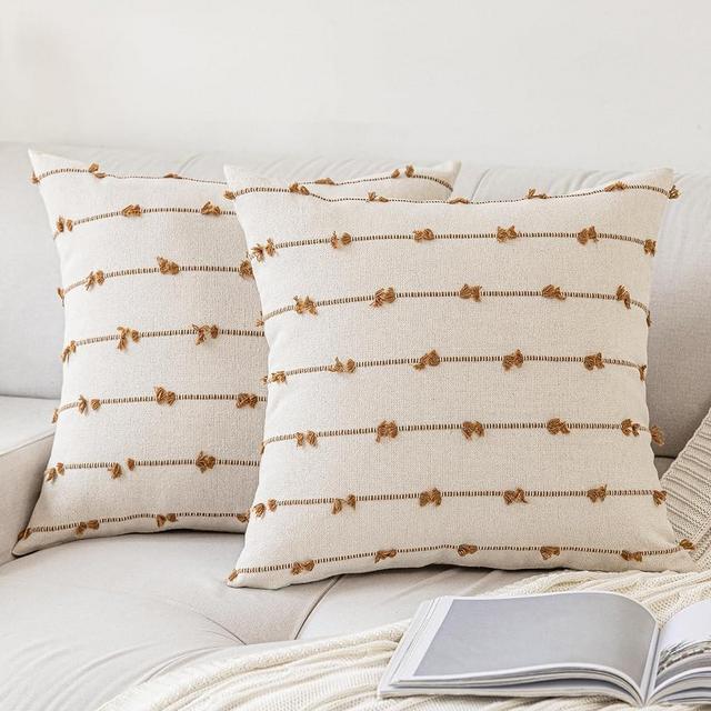 YEENAASY Boho Throw Pillow Covers 24x24 Set of 2 Modern Farmhouse Decorative Cushion Case Tufted Square Pillows Cover Neutral Pillow Cases Accent Pillowcase for Sofa,Couch,Bed,Beige and Brown