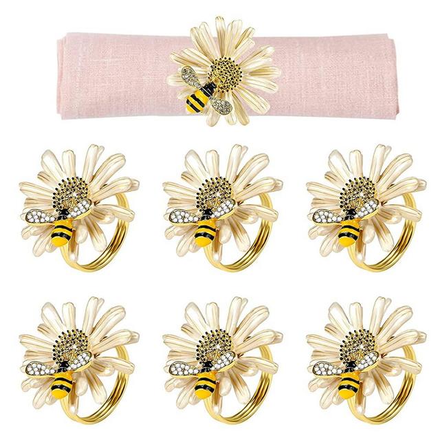 Kesote Daisy Sunflower Napkin Rings Set of 6, Gold Bee Napkin Ring Holders for Formal or Casual Dinning Table Decor