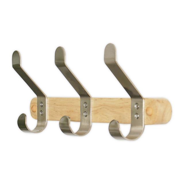 Squared Away™ Wall Mounted 3-Hook Wood and Metal Rack in Brushed Nickel