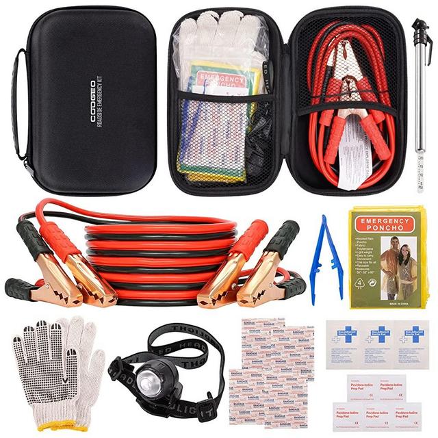 Roadside Assistance Emergency Kit Multipurpose Bag Car Premium with Battery Jumper Cable Automotive Car Kit for Car,Vehicle, Truck or SUV for Men or Women, Gray