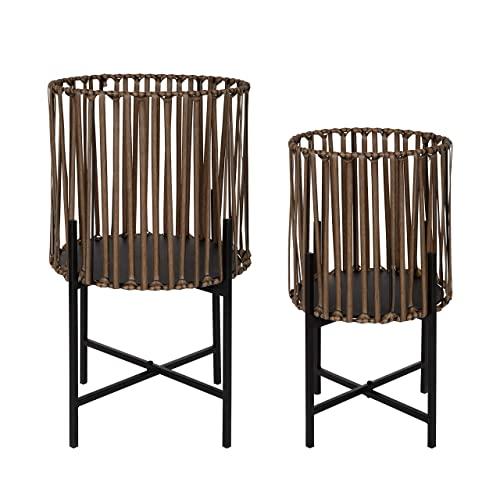 Kate and Laurel Paytner 2-Piece Floor Planter Set with PVC Wicker and Metal Stands