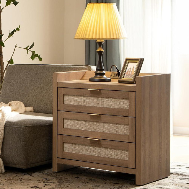 SICOTAS Larger Rattan Night Stand - Tall Nightstands with Type-C Charging Station, 3 Rattan Mesh Drawers, Boho Wood Bedside Table End Table with Storage for Bedroom Sofa Couch Office - Oak