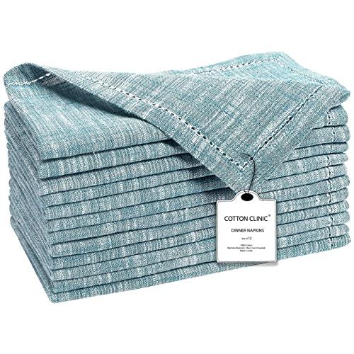 Cotton Clinic 12 Pack Farmhouse Style Slub Textured 18x18 Cloth Dinner Napkins, 100% Cotton for Everyday Use and Events - Soft and Durable Cocktail Napkins, Wedding Dinner Napkins, Teal