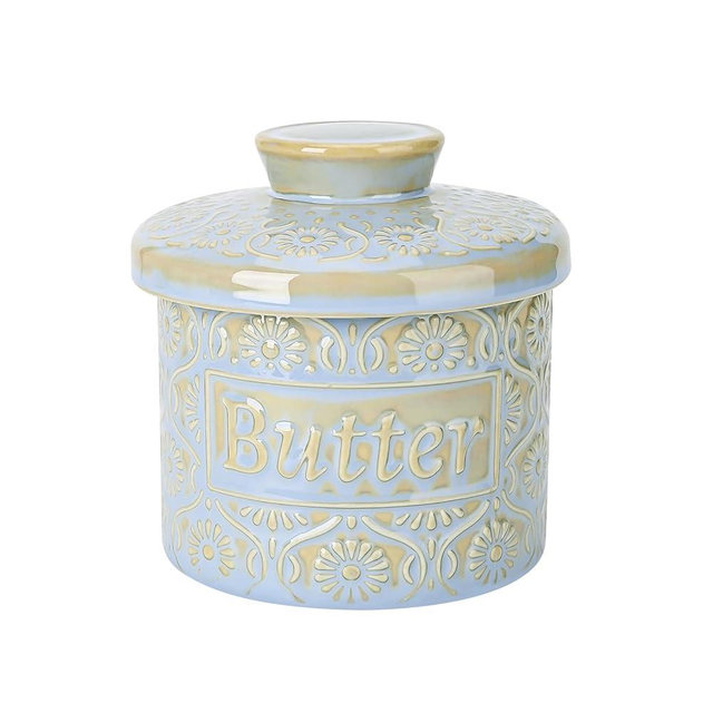 Butter Crock with Water Line, Ceramic Butter Keeper for Counter, French Butter Dish with Lid for Spreadable Fresh Butter (Pale Blue)