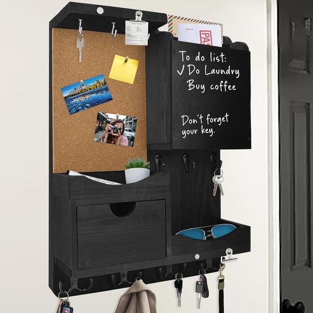 HEKOOLA Key Holder Wall Mount Mail Organizer Key and Mail Holder for Wall Key Hooks with Shelf, Drawer, Chalkboard, Corkboard, Key Hanger Mail Organizer Wall Mounted for Room Entryway Black