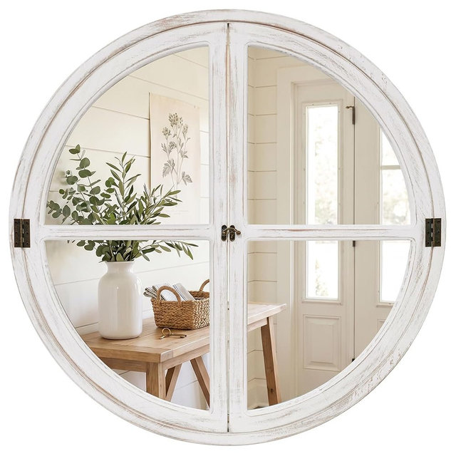 Pocetry 30" Round Window Mirror, Distressed White Solid Wood Frame & Faux Windowpanes, Shatterproof Tempered Glass, Farmhouse Cottagecore Decor for Living Room, Entryway, Dining Room