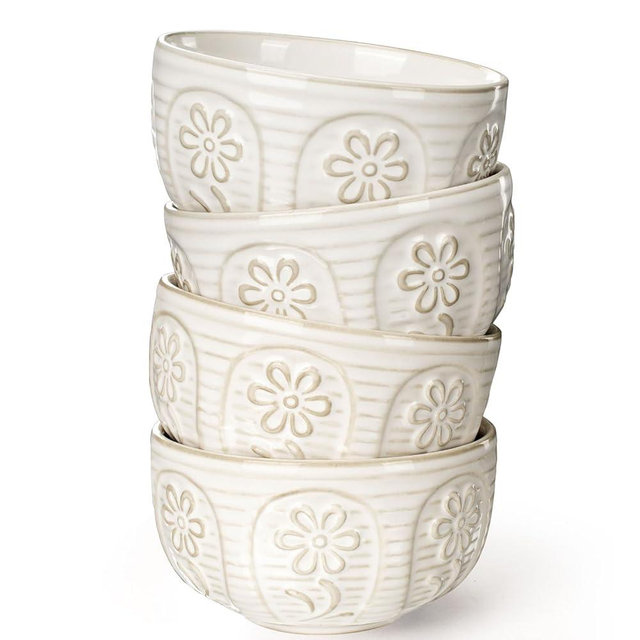Artena Small Bowls Set of 4, 12 oz Ceramic Embossment Dessert Bowls, white Bowl for Kitchen, Ice Cream, Side Dishes, Rice, Cereal, Fruit, 4.5 Inch, Microwave & Dishwasher Safe, Pinwheel Flower