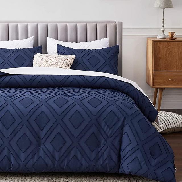 FROHAUL Boho King Comforter Set,Navy Blue Rhombus Tufted King Size Comforter Set with Corner Loops,3 Pieces Embroidery Shabby Chic Bedding Comforter Sets for All Seasons(Navy Blue,King)
