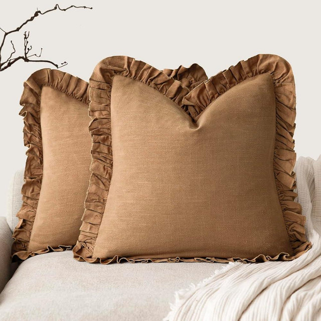 Foindtower Set of 2 Decorative Soild Fringe Ruffle Throw Pillow Covers Soft Boho Farmhouse Cushion Cover Cozy Accent Retro Pillowcase for Couch Sofa Bed Living Room Home Decor,22×22 Inch,Orange Brown