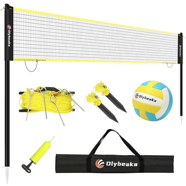 Olybeaka Portable Professional Volleyball Net with Iron Adjustable Height Poles, Durable Heavy Duty Volleyball Net Sets System with Easy-Tight Tensioner, Scoring Clamps