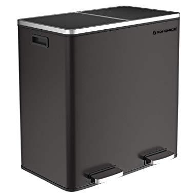 SONGMICS Dual Trash Garbage Can, 16 Gal (60L) Rubbish Bin, Metal Step Bin, with Dual Compartments, Plastic Inner Buckets and Hinged Lids, Handles, Soft Closure, Airtight, Black ULTB60BK