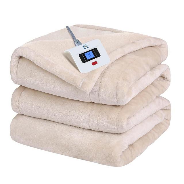 SEALY Electric Blanket Twin Size, Flannel Heated Blanket with 10 Heating Levels & 1-12 Hours Auto Shut Off, Fast Heating Warm Blanket, Machine Washable, Beige, 62 x 84 Inch