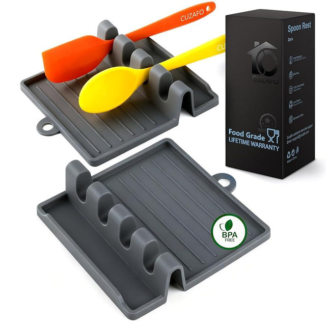 CUZAFO 600°F Heat Resistant Silicone Spoon Rest, Multiple Utensil Rest, BPA Free Easy to Clean Dishwasher Safe, (Grey)