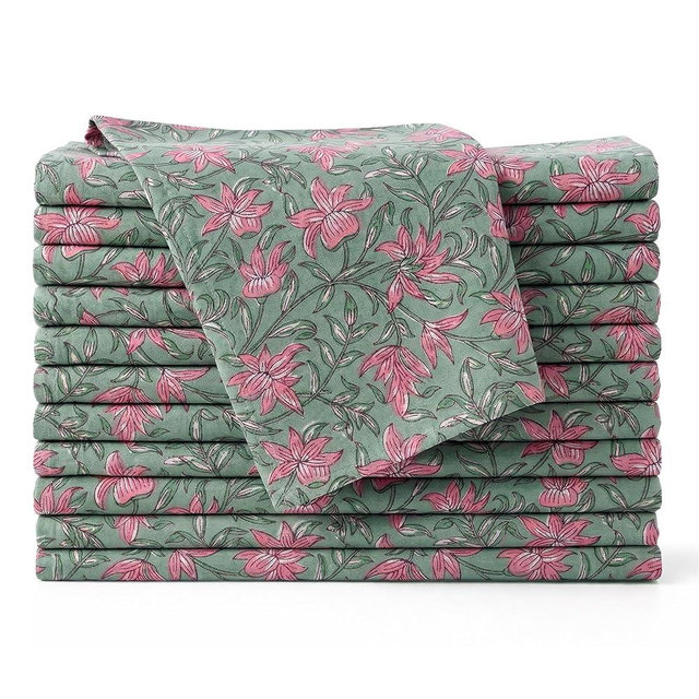Ivy Heritage Floral Cloth Napkins Set of 12, 100% Cotton Reusable Dinner Napkins, Block Print Inspired, 18 x 18 Inch Table & Kitchen Napkins for Everyday Dining & Entertaining, Soft Green Floral