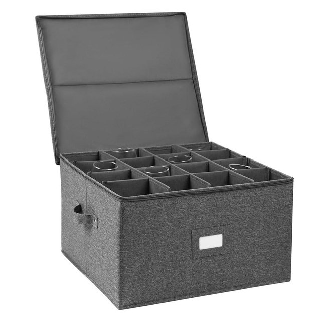 popoly Stemware Storage Cases, Wine Glass Storage Box Containers with Dividers for Glassware or Crystal, Holds 16 Red or White Wine Glasses, Hard Top and Stackable (Grey)