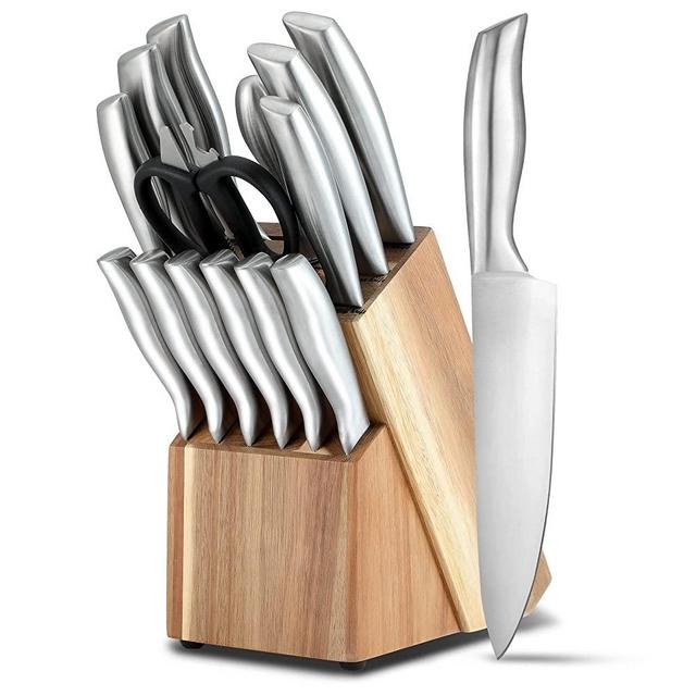 IsheTao 15-Piece Premium Kitchen Knife Set With Wooden Block, High Carbon Stainless Steel Knife Set, One-piece Dishwasher Safe Kitchen Knives Set, Self-sharpening, Ergonomic Handle