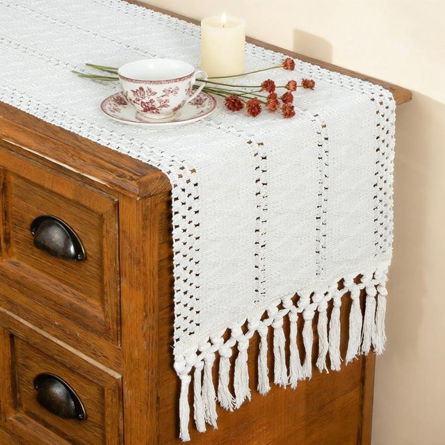 FEXIA Boho Macrame Table Runner with Tassels 60 Inches Long Cream Table Runner for Farmhouse Home Decor Table Runnerfor Bohemian Dining Bedroom Decor Rustic Bridal Shower (12x60 Inches)