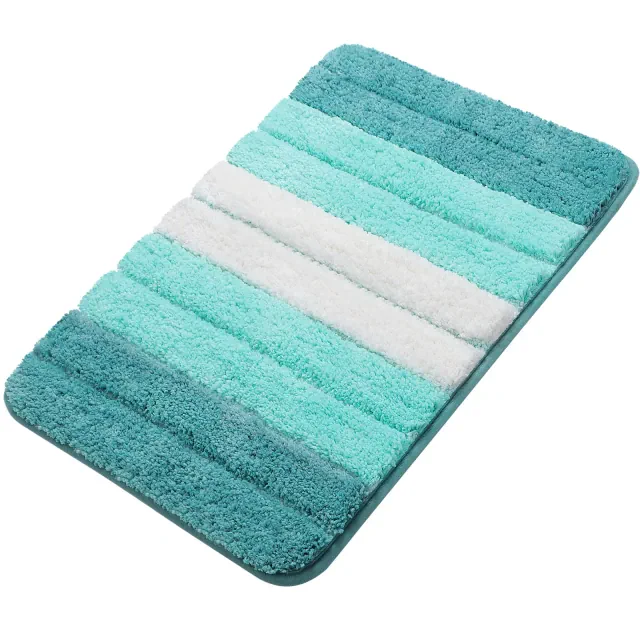 PiccoCasa Microfiber Striped Bathroom Rugs Shaggy Soft Thick and Absorbent Bath Mat Turquoise 20"x31"
