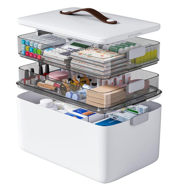 funest 3-Tier Medicine Craft,Sewing,Art,Organizer Storage,Portable Latch Bin with Lid and Leather Handle,Pill Bottle, First Aid, A Household Essential